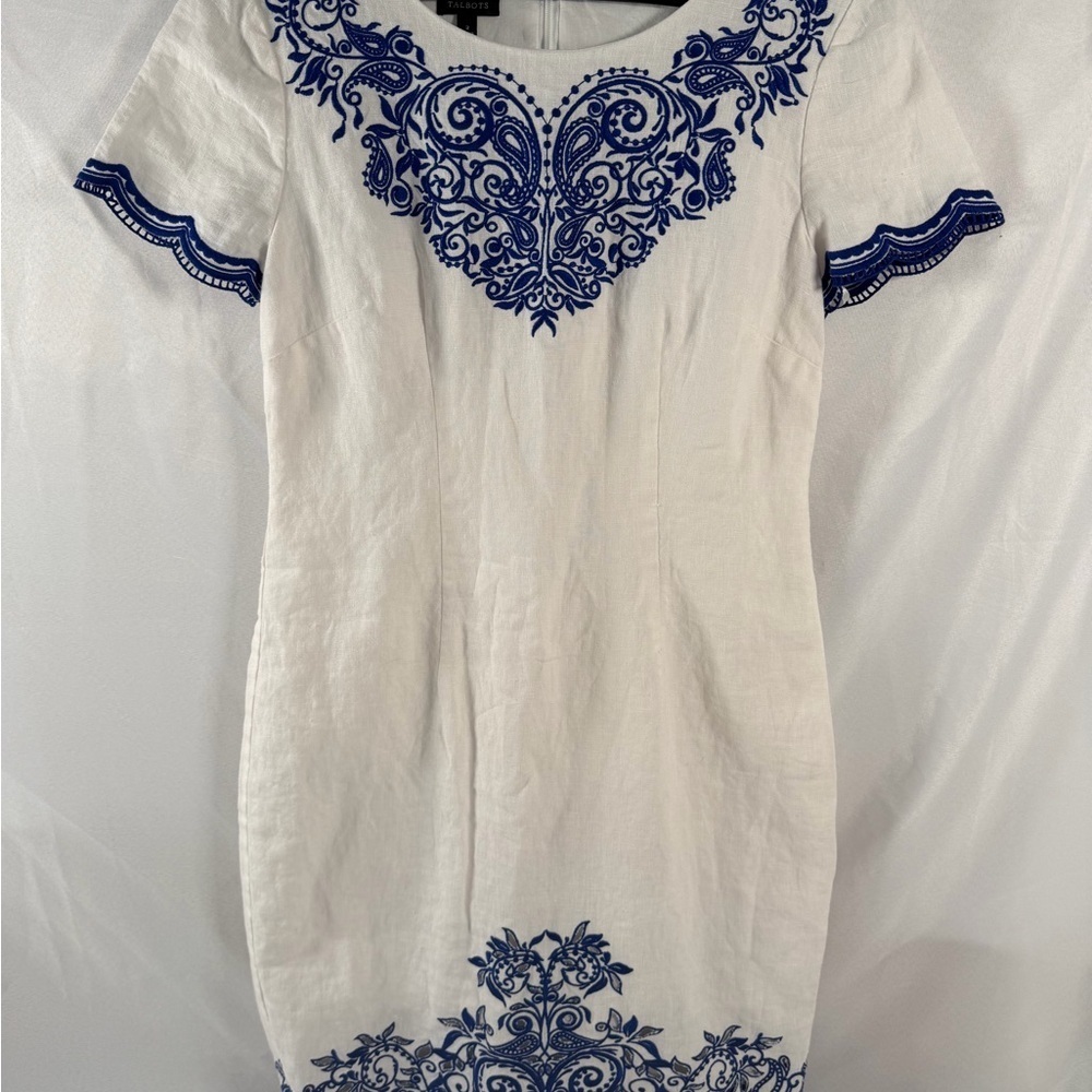 Talbots White Mini Dress with Blue Embroidery
